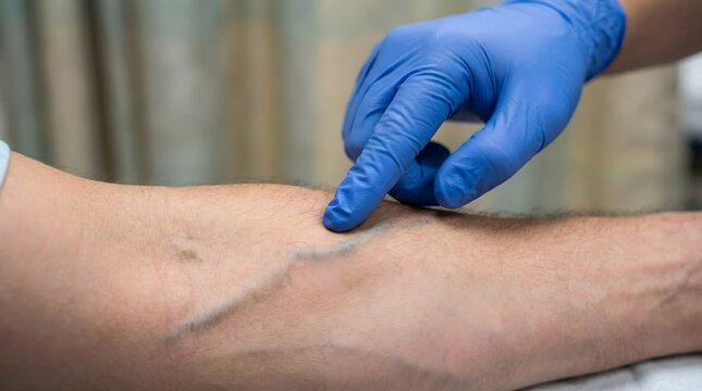 Phlebotomist Identifying Vein for Venipuncture with Gloved Hand and Arm Close up