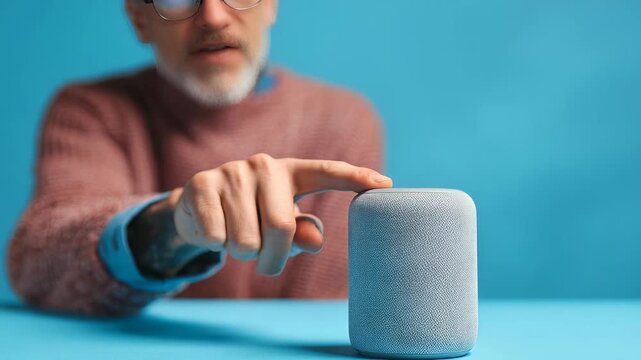 Close up of a smart speaker on a blue table as a man gestures to activate it, highlighting the convenience of voice controlled devices. The scene emphasizes modern lifestyle and smart home trends