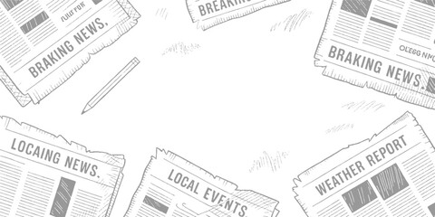 Obraz premium Overlapping newspaper headlines and text fragments in brown and white print vintage