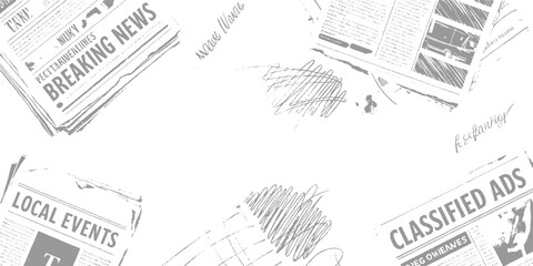 Obraz premium Overlapping distressed vintage newspaper pages with bold headlines and scattered ink splatters textured