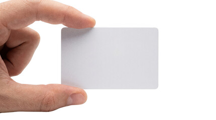 Obraz premium Male hand holds a thin blank white card mockup with light skin isolated transparent background image