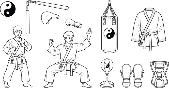 Black and white martial arts illustration featuring fighters uniforms nunchaku yin yang punching bag gloves protective gear training equipment and traditional combat practice design