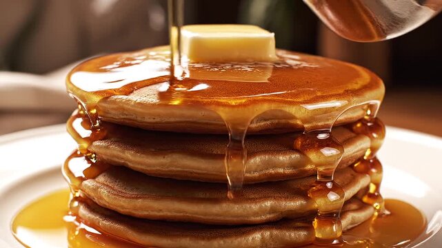 Golden maple syrup pouring over a stack of fluffy pancakes in extreme slow motion