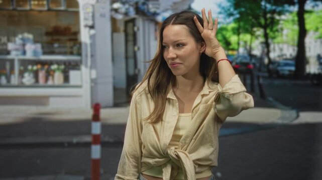 Woman cups hand to ear and leans forward on a busy city street near storefronts, listening to a distant sound; curiosity attention.