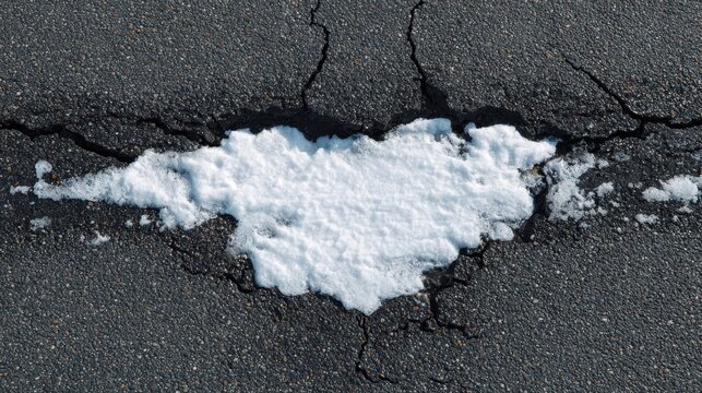 Spring snow ice thaw, end of Winter Season, hope, fresh start. A cracked asphalt road with a heartshaped patch of snow in the middle. The snow is pristine white.