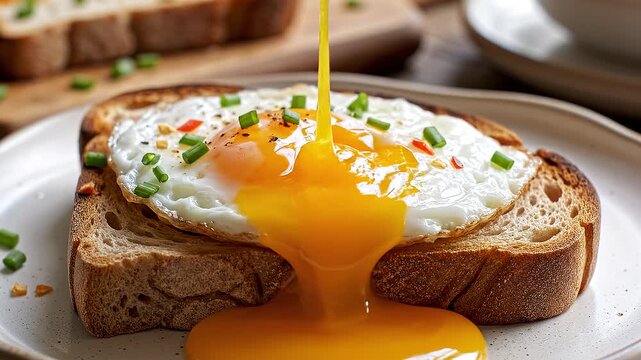 Vibrant yellow egg yolk breaking and oozing over a piece of toasted sourdough bread