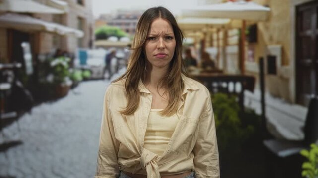 Woman frowning in a tied shirt standing on a restaurant street terrace near cafe tables and umbrellas, looking displeased; urban annoyance.