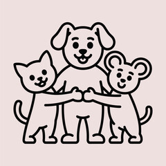 Naklejka premium Cute cat dog and mouse friends cartoon line art vector illustration. Perfect for children design pet themes nursery decor stickers t shirts and playful vector projects.