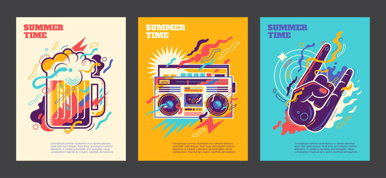Conceptual set of colorful abstract summer posters with vibrant shapes. Vector illustration.