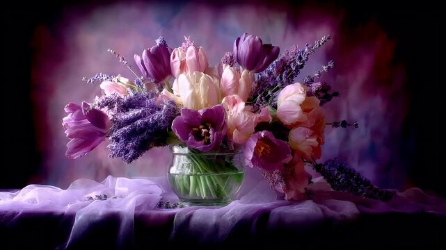 Spring season, garden park, flower, fresh, life. A still life photograph features a vibrant bouquet of tulips and other flowers arranged in a clear glass vase. The tulips are in shades of pink.