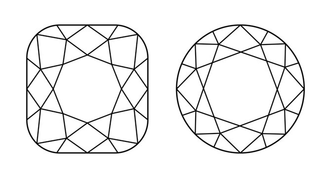 Diamond cushion angular, circle icon. Diamond black line flat style pattern. Set of logo round, cushion angular brilliant cut. Gemstone linear minimalist template. Classic diamond shape symbol.