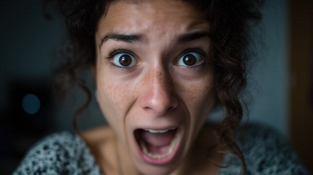 Femme aux yeux &eacute;carquill&eacute;s exprimant la surprise avec un sourire