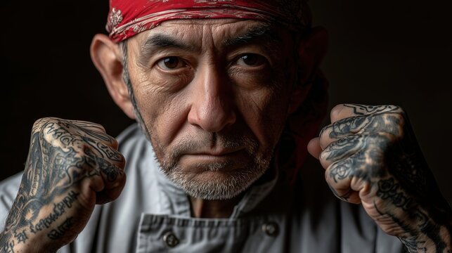 Homme mature avec tatouages levant ses poings pr&egrave;s de son visage