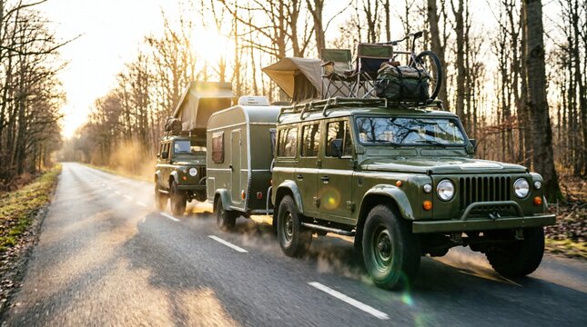 Vintage military-style SUVs towing expedition trailer with rooftop tent driving through tree-lined countryside road during golden hour with dramatic sun flare and motion blur effect.