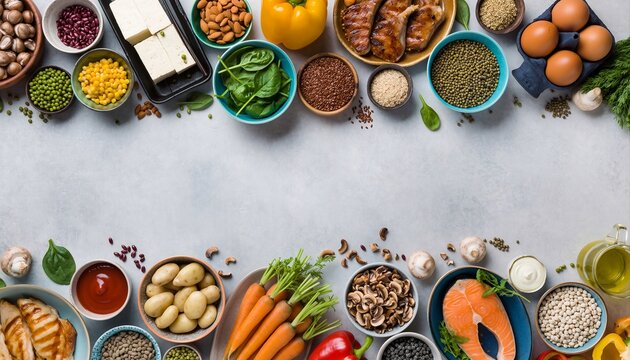 Assortment of Healthy Foods Vegetables Proteins Grains Fruits and Eggs Arranged Top and Bottom Border Against a Light Gray Background with Natural Lighting