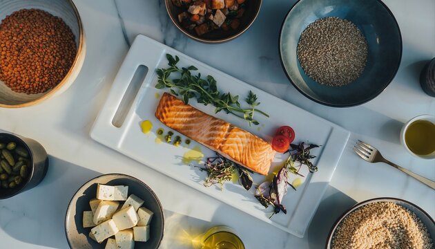 Gourmet Salmon Fillet Served With Fresh Greens And Accompaniments On A White Platter In Natural Sunlight With Detailed Textures Of Grains And Cheese In The Background