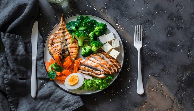 Healthy Meal Plate With Grilled Salmon And Chicken Breast Served With Steamed Broccoli Carrots And Boiled Egg On A Dark Textured Background With Soft Lighting
