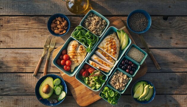 Healthy Lunch Box with Grilled Chicken Breast Avocado Cherry Tomatoes and Quinoa on Rustic Wooden Table Top View with Natural Sunlight Illuminating the Meal