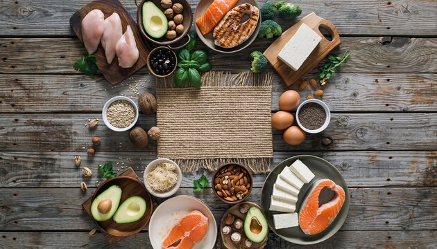 Overhead view of a circular arrangement of healthy foods including raw chicken fillets salmon fillets avocado halves eggs tofu nuts and leafy greens on a rustic wooden table surface with a woven mat