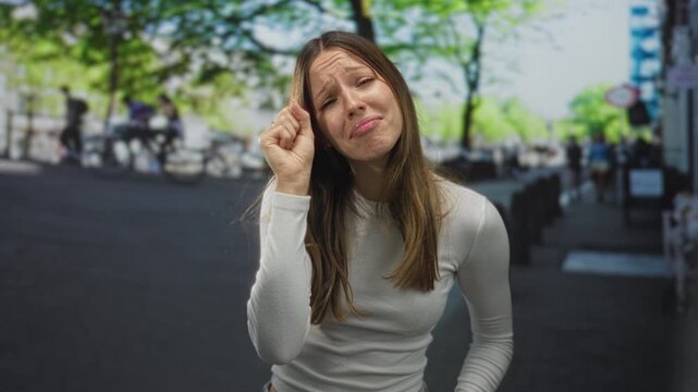 Young hispanic woman with fists near eyes making a crying face on a city street during daytime; sadness longing.