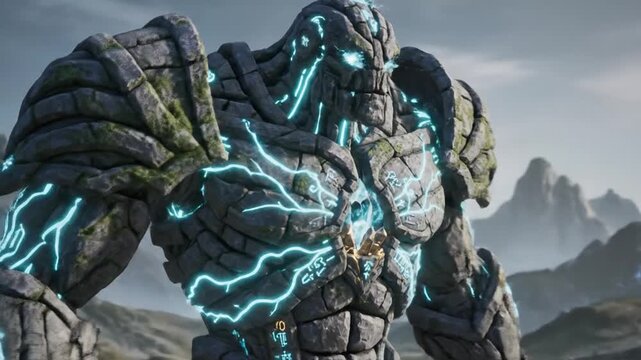 Stone golem animated close up view with illuminated runes and blue energy