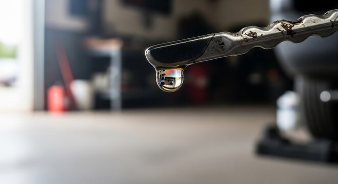 A single, clear drop of oil hanging from the end of a metal engine dipstick in a garage setting.