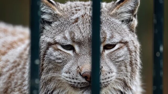Lynx, Blurred Feline Face Behind Bars, Wildlife Sanctuary Setting, symbolizing confinement and wild beauty.