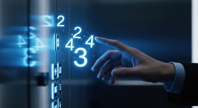 Cinematic view of a hand interacting with a futuristic elevator control panel with floor numbers floating in air