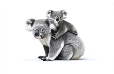 Fototapeta premium Cute koala mother tenderly carrying her adorable joey in serene monochrome art