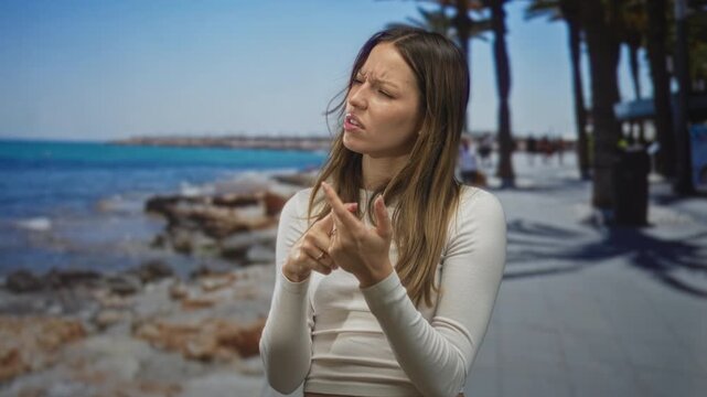 Young hispanic woman pointing and inspecting fingernail on beachside street promenade near rocky coast and palm trees; injury concern.