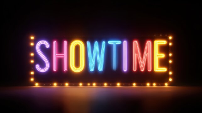 Vibrant neon showtime sign illuminated with colorful lights on dark background