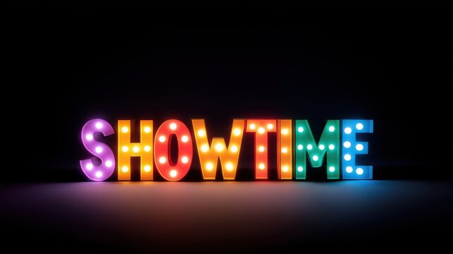 Vibrant neon light sign displaying showtime with colorful dots