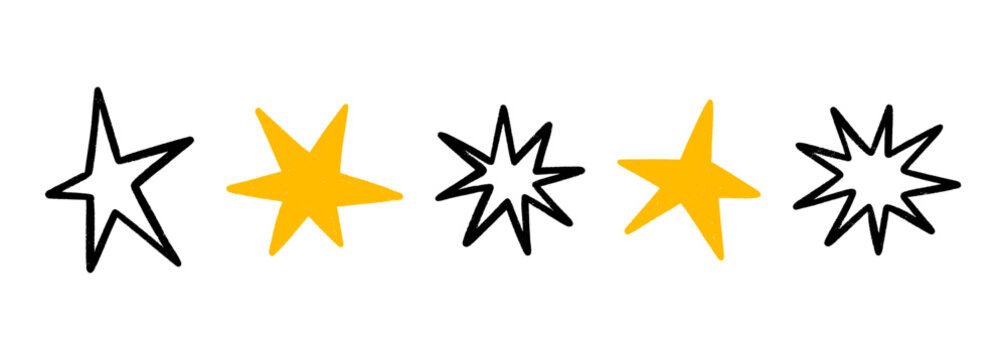 Stars, crayon hand drawn twinkle symbols. Shine, spark or light chalk elements. Line art and silhouettes sparkle icons on a transparent bg. Doodle gold and black glitter sparks, vector illustration