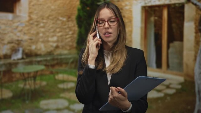 Woman holds phone to ear and reads clipboard in front of building entrance; focused business task planning.