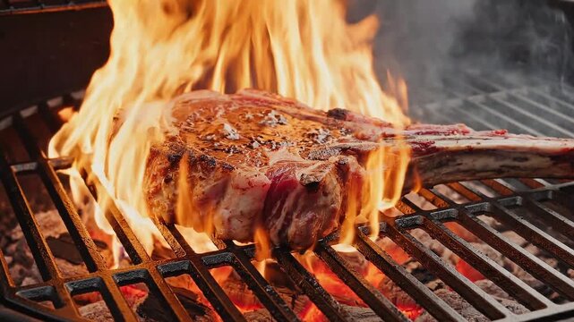 Thick tomahawk steak cooking with flames engulfing it on a grill 4K Video
