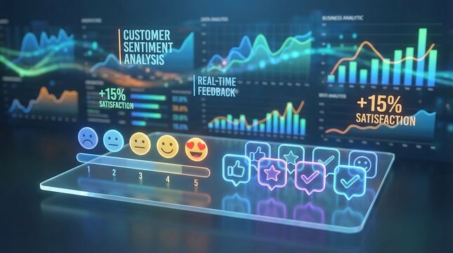 Customer sentiment analysis dashboard with glowing data charts, digital feedback interface with emoji icons, real-time business analytics display