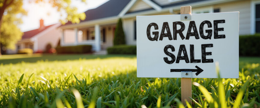 Garage sale sign in front yard with green grass and house background  