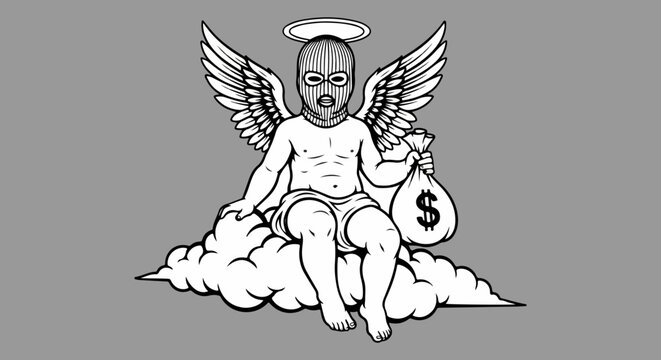 Streetwear cherub angel wearing balaclava mask, urban cupid character holding money bag on cloud, black and white vector illustration