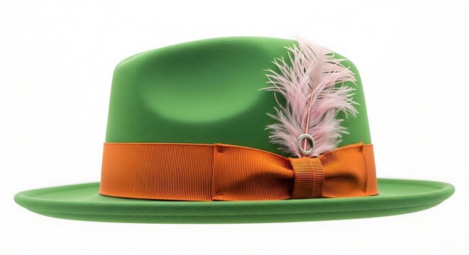 Vivid green wide-brimmed fedora decorated with an orange ribbon and elegant pink feather isolated on a white studio backdrop.