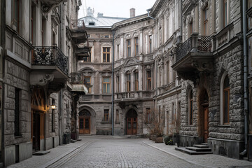 Fototapeta premium Historic european street with old stone buildings and architectural details creating classic urban atmosphere ideal for travel photography, heritage themes and city exploration visuals 
