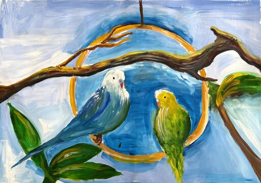 Vibrant Acrylic Painting of Two Colorful Parrots on a Circular Swing