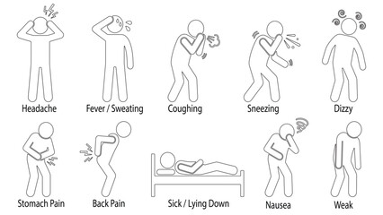 Obraz premium Medical symptoms outline icon bundle. Character icons representing common illnesses, flu, nausea, and body aches for healthcare infographics.