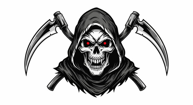 Grim reaper skeleton with red eyes holding two scythes