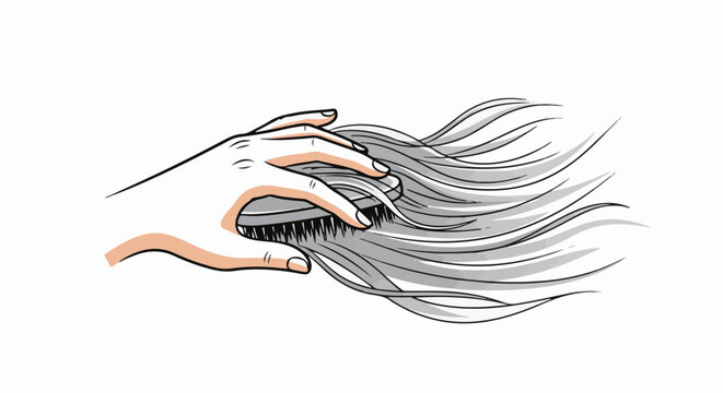 Hand brushing long, flowing grey hair with a brush