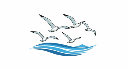 Obraz premium Five seagulls glide over stylized blue ocean waves