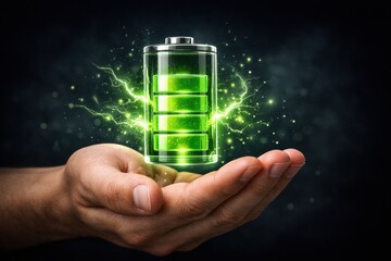 Green electric battery technology symbolizes energy storage held in human hand with glowing electric sparks illustrating power and innovation