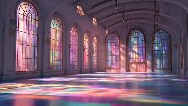 Stained glass windows flood empty hall with colorful light