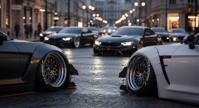 Customized sports cars with widebody kits and extreme camber parked on a wet city street at dusk, reflecting urban lights.