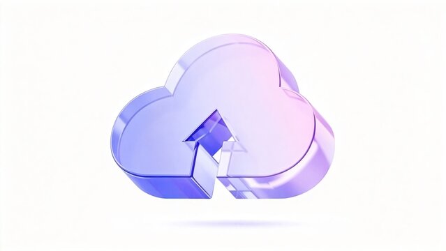 3D glass cloud with upload arrow purple gradient minimalist tech concept modern digital symbol isolated on white background abstract data storage icon futuristic network illustrati