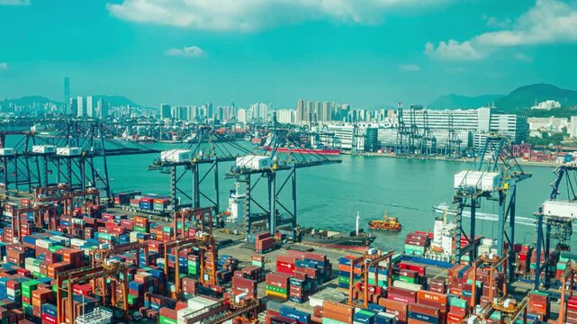 Breathtaking 4K aerial drone footage of the Port, one of the world's busiest container terminals in China. global trade, logistics,